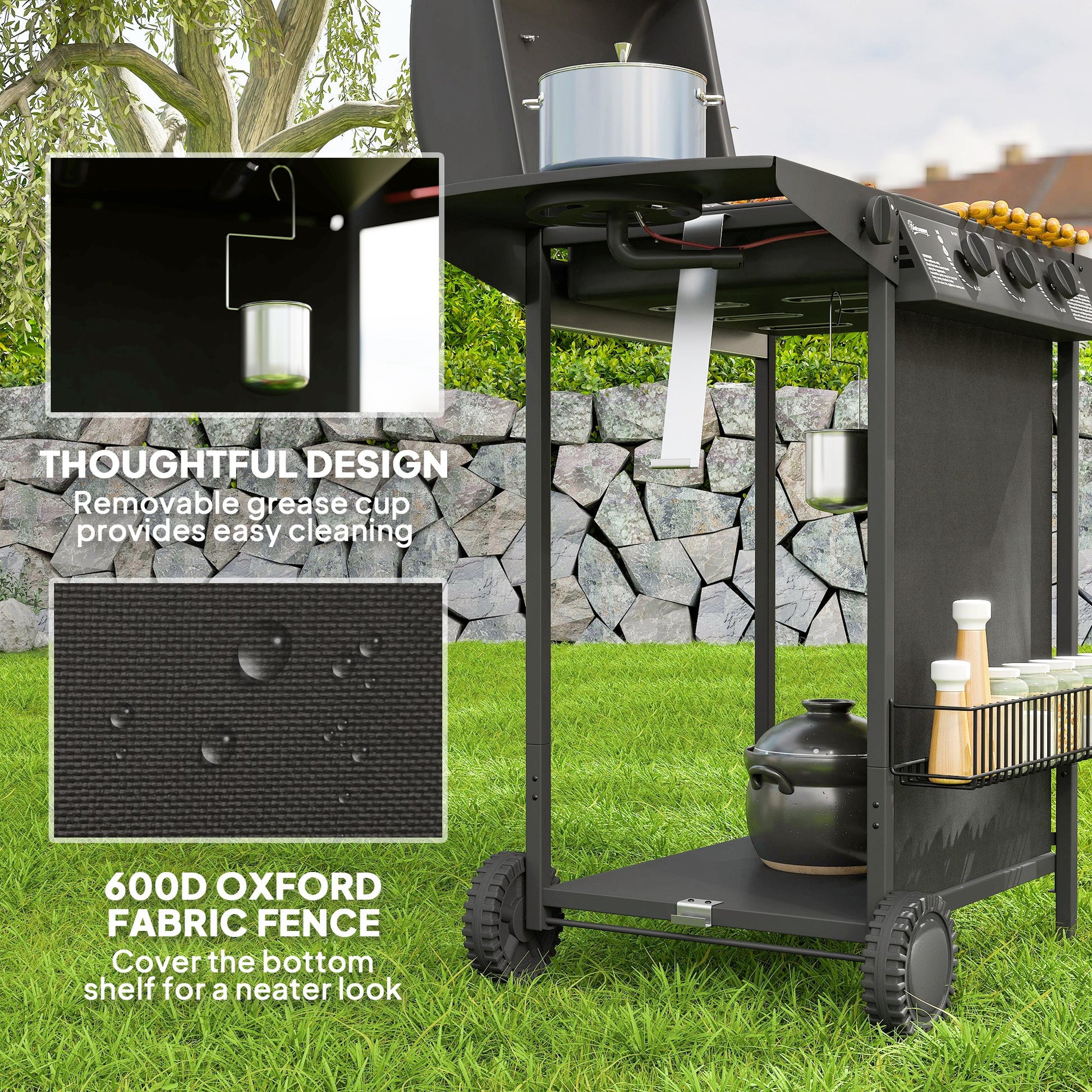 3+1 Burner Propane Gas BBQ Grill, Portable Gas Barbecue Grill with Side Burner, Thermometer, Lid, Side Table, Shelf, Spi
