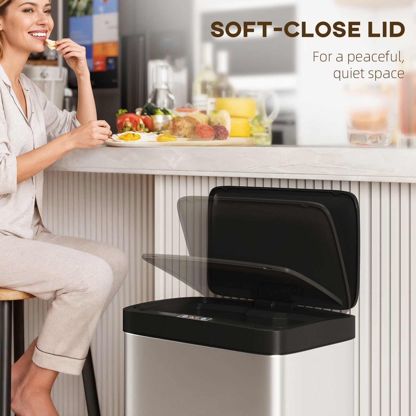 12 Gallon (45 L) Sensor Can, Automatic Garbage Can with Soft-Close Lid, Fingerprint-Proof Stainless Steel, Silver