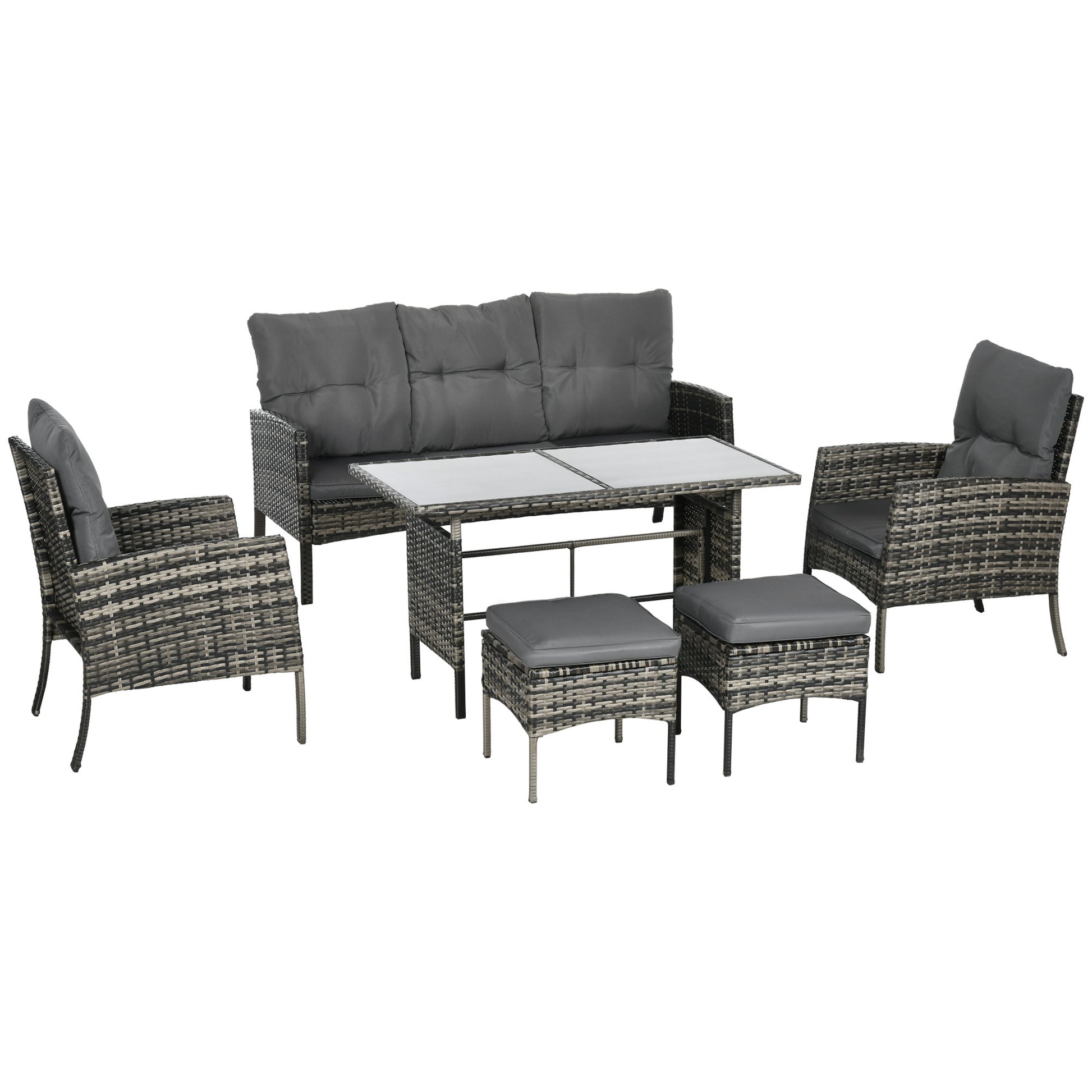 6-Piece Outdoor Patio Furniture Set with Chairs, Ottomans, Sofa, Glass Top Coffee Table and Cushions, Wicker Rattan Conv