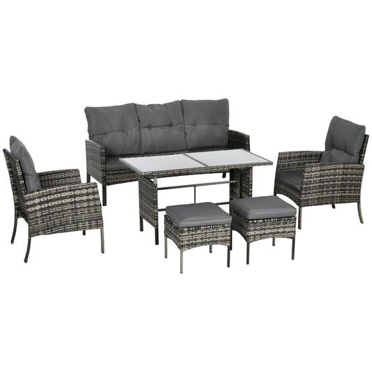 6-Piece Outdoor Patio Furniture Set with Chairs, Ottomans, Sofa, Glass Top Coffee Table and Cushions, Wicker Rattan Conv