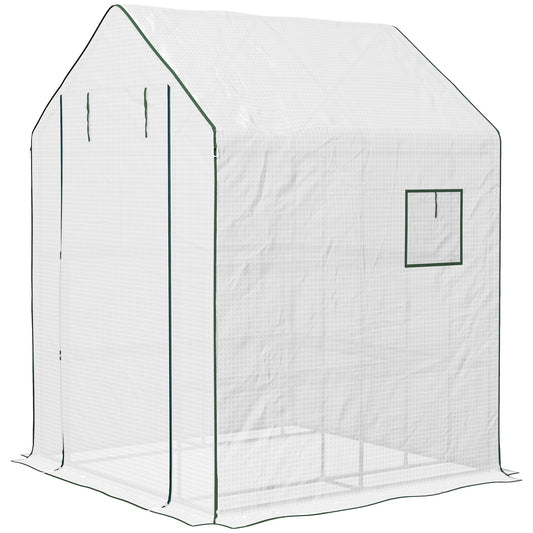 Portable Greenhouse, Walk-In Small Outdoor Green House with 2 Tier U-Shaped Flower Rack Shelves, 4.6' x 4.7', White