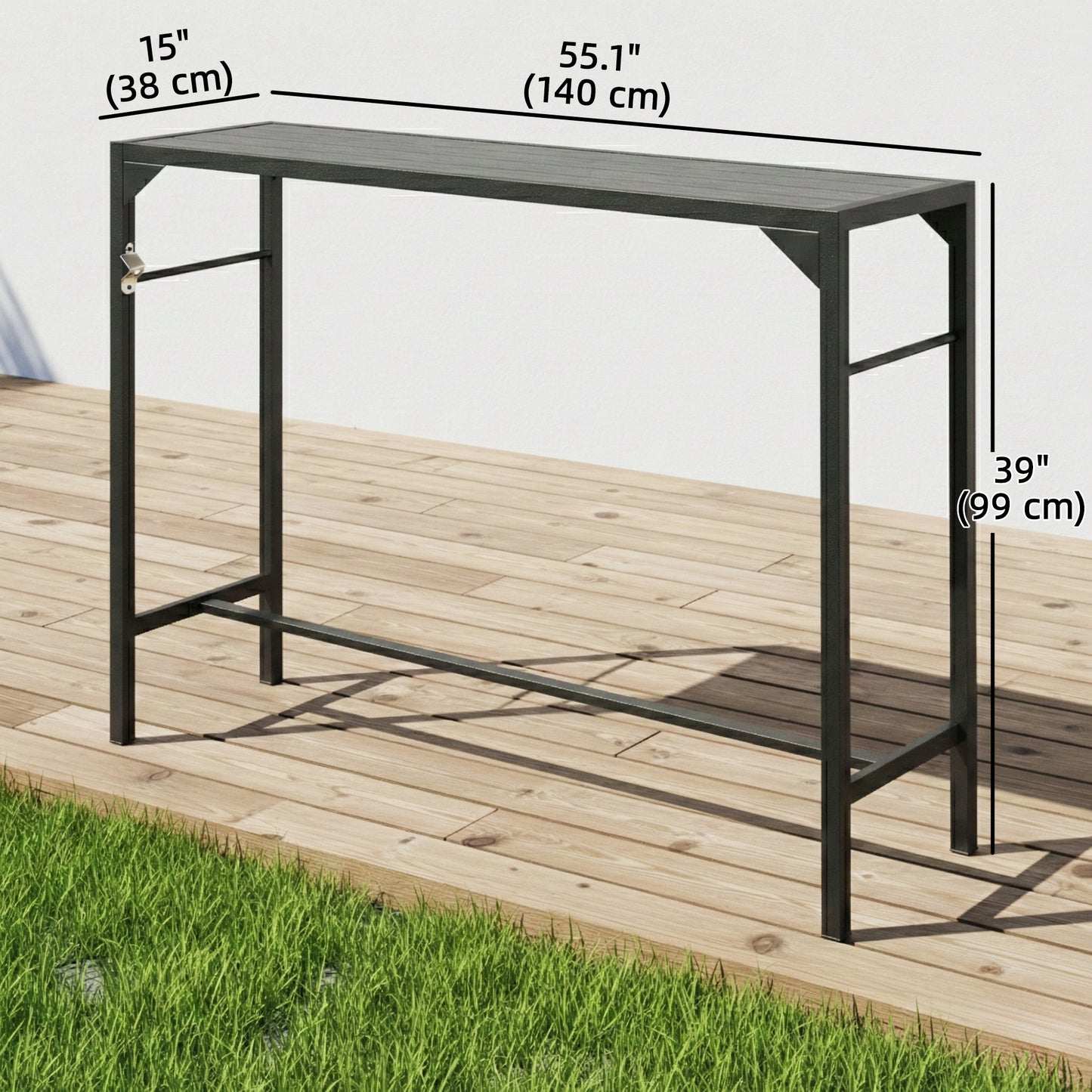 Bar Height Outdoor Table with Built-In Bottle Opener, Patio Bar Table with Wood Grain Plastic Top, 55" x 15" x 39"