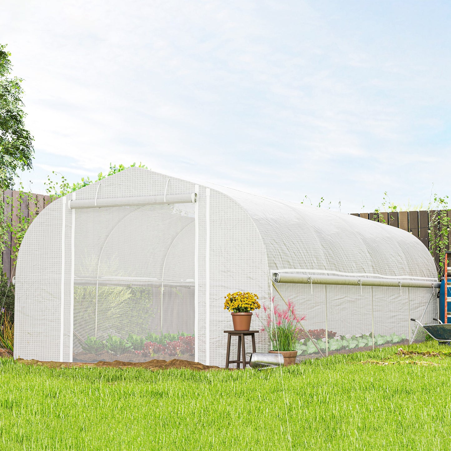 19.5' x 10' x 6.6' Tunnel Greenhouse Outdoor Green House with Roll-up Mesh Sidewalls, Mesh Door, Galvanized Steel, Wind 