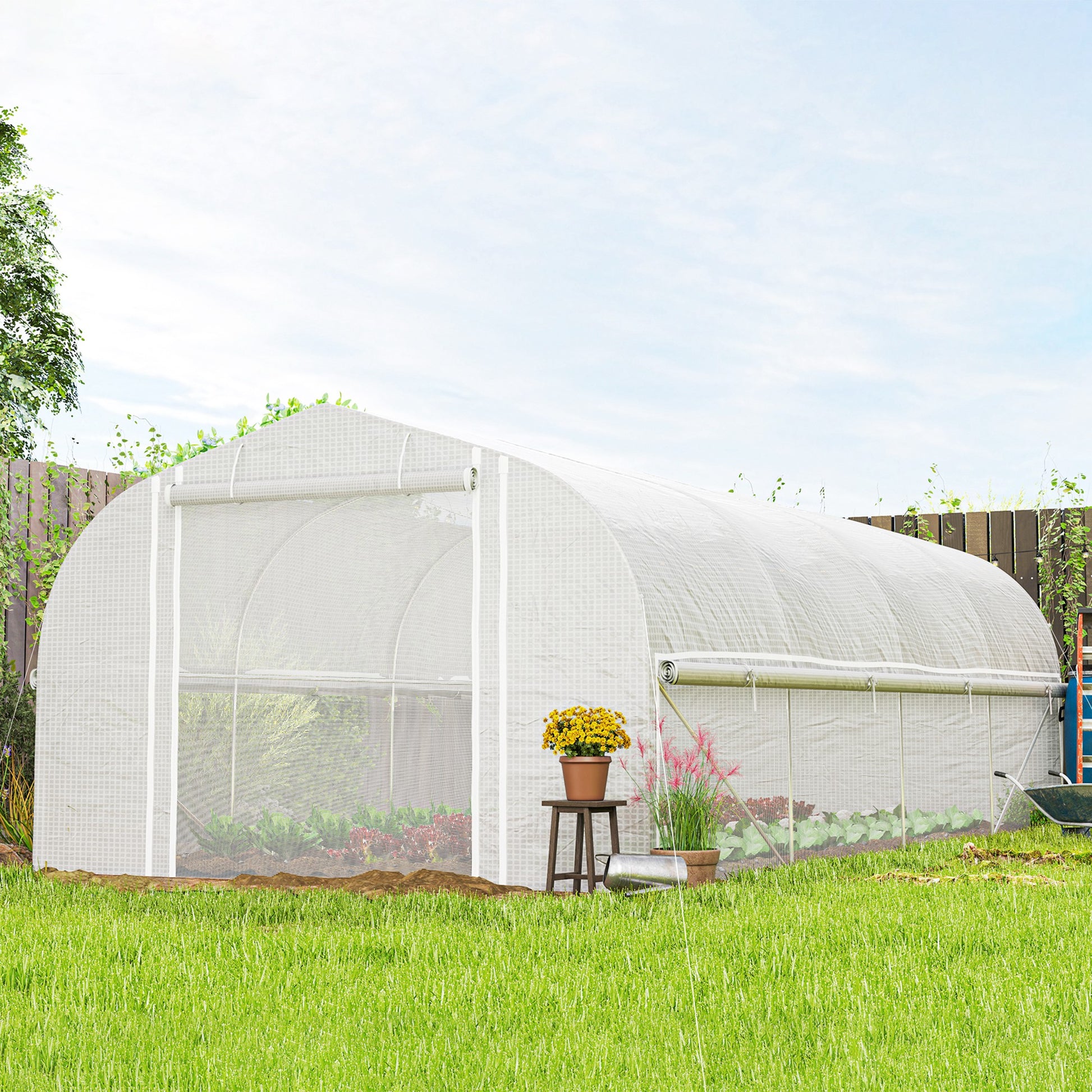 19.5' x 10' x 6.6' Tunnel Greenhouse Outdoor Green House with Roll-up Mesh Sidewalls, Mesh Door, Galvanized Steel, Wind 