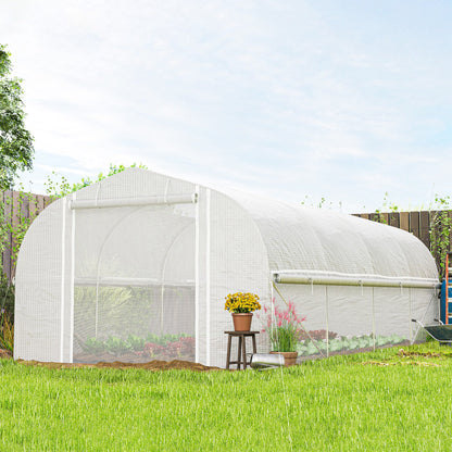 19.5' x 10' x 6.6' Tunnel Greenhouse Outdoor Green House with Roll-up Mesh Sidewalls, Mesh Door, Galvanized Steel, Wind 