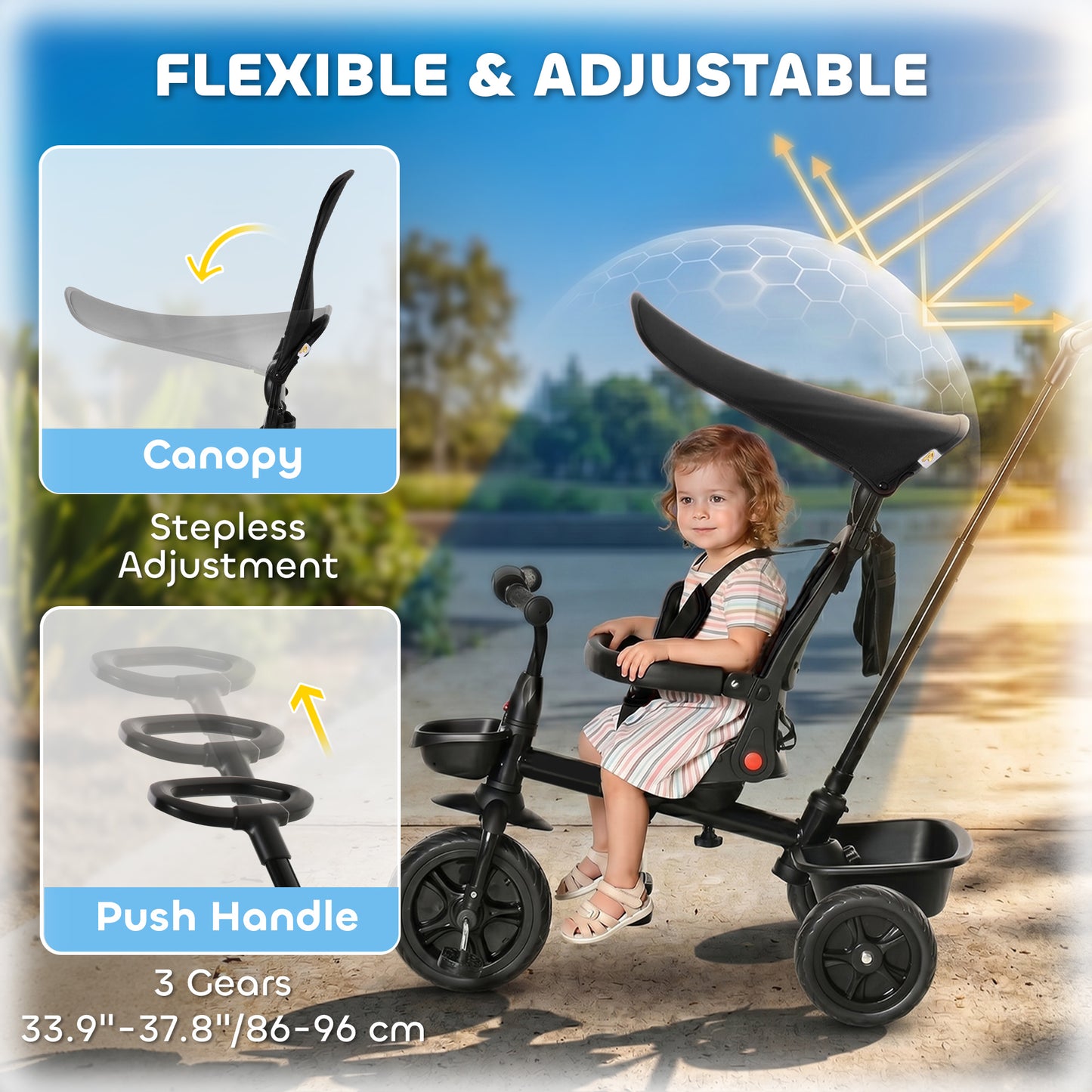 Qaba Tricycle for Toddler 5 in 1 Kids Trike, Converts Stroller to Toddler Bike, Adjustable Backrest & Flat Canopy, Detac