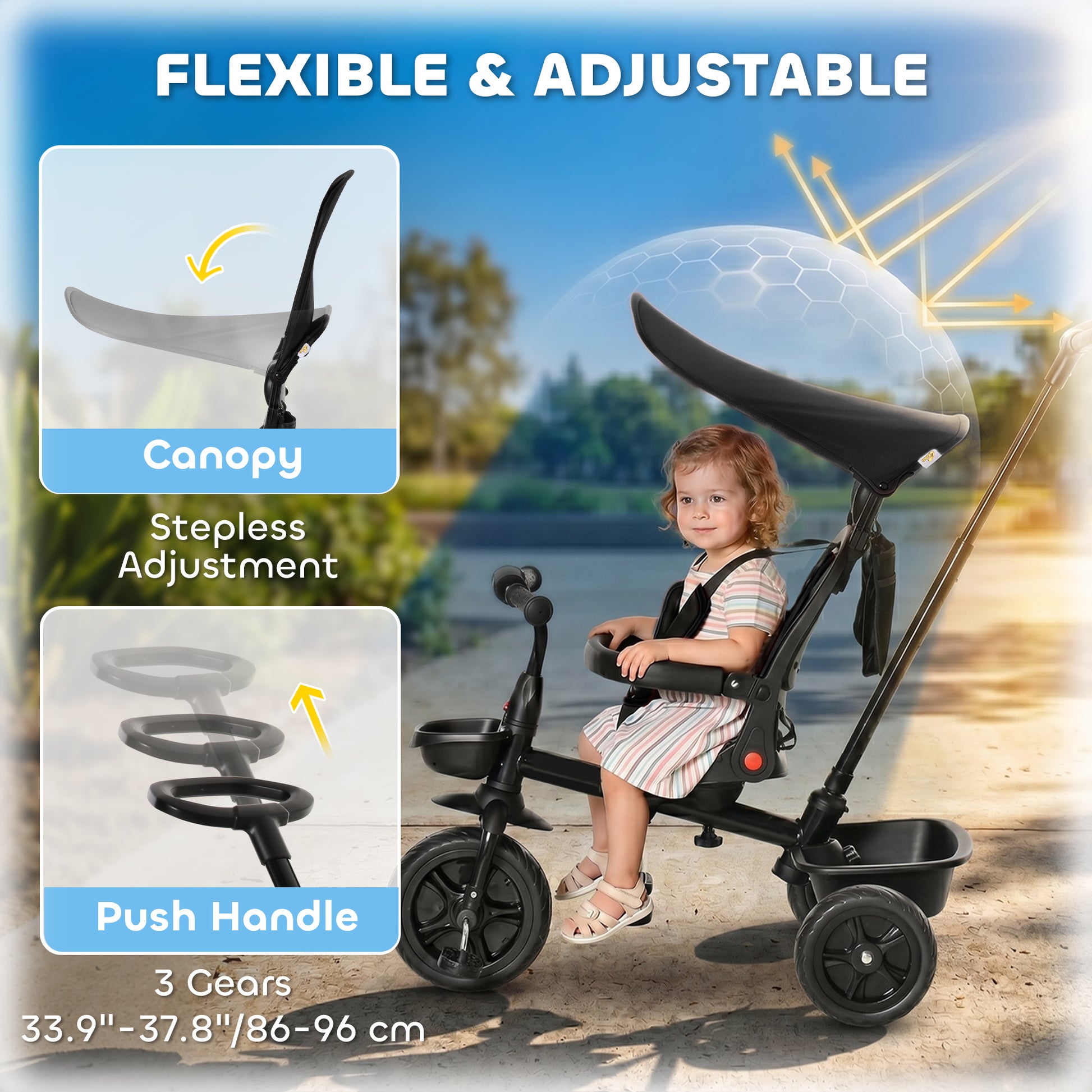 Qaba Tricycle for Toddler 5 in 1 Kids Trike, Converts Stroller to Toddler Bike, Adjustable Backrest & Flat Canopy, Detac