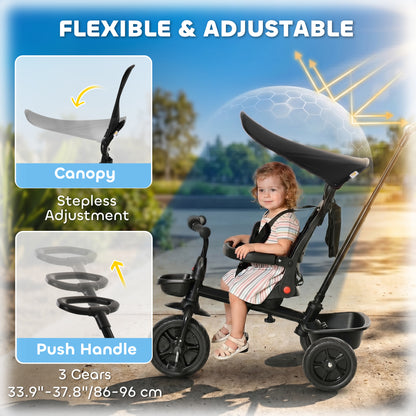 Qaba Tricycle for Toddler 5 in 1 Kids Trike, Converts Stroller to Toddler Bike, Adjustable Backrest & Flat Canopy, Detac