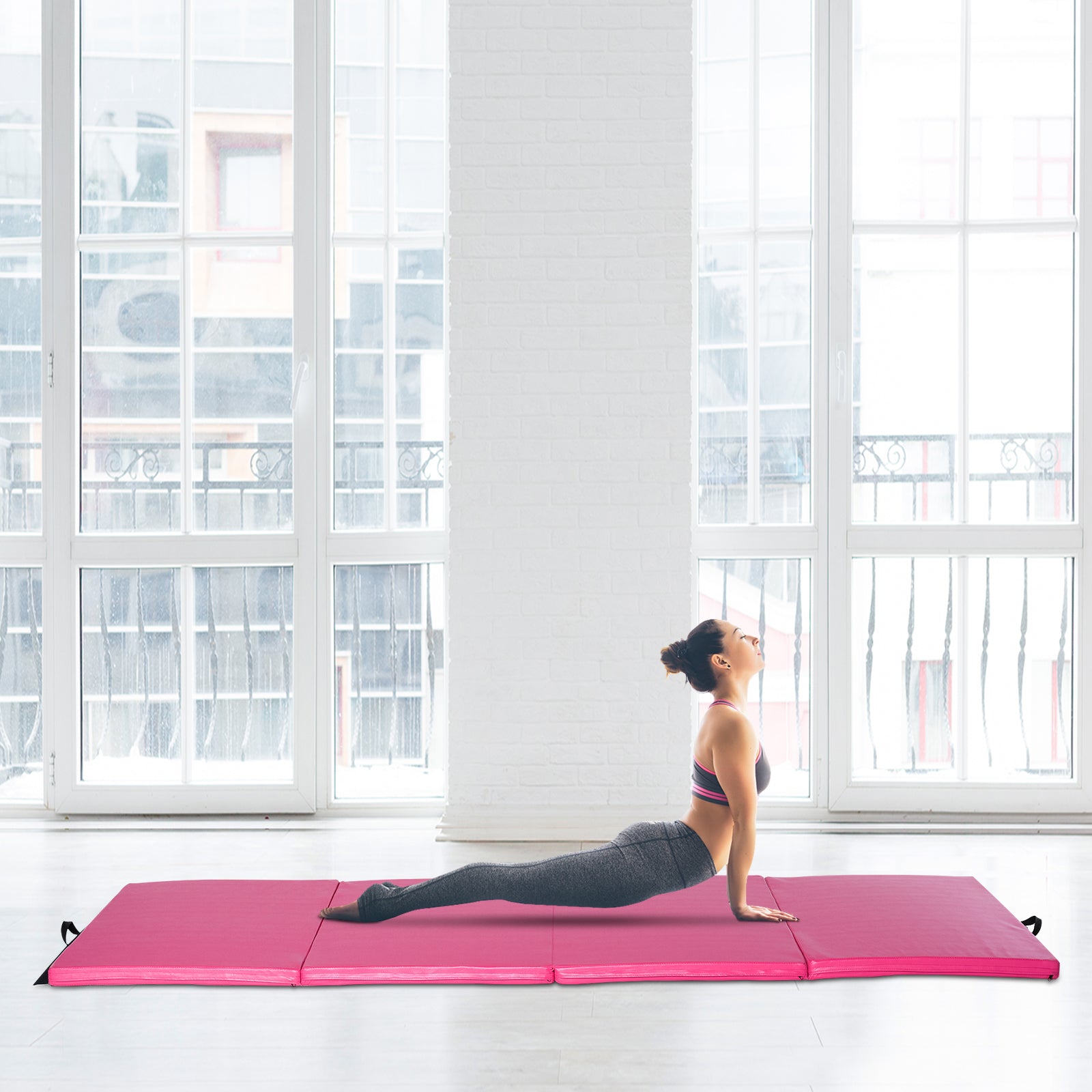 Soozier 4'x10'x2'' Folding Gymnastics Tumbling Mat, Exercise Mat with Carrying Handles for Yoga, MMA, Martial Arts, Pink