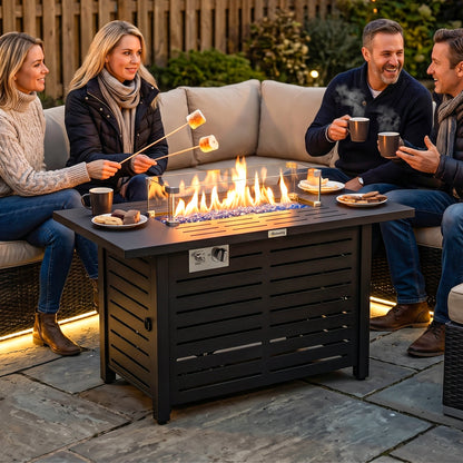 Propane Gas Fire Pit Table, Outdoor Firepit with 43" Steel Tabletop and Lid, 50,000 BTU Pulse Ignition Fire Table w/ Sta