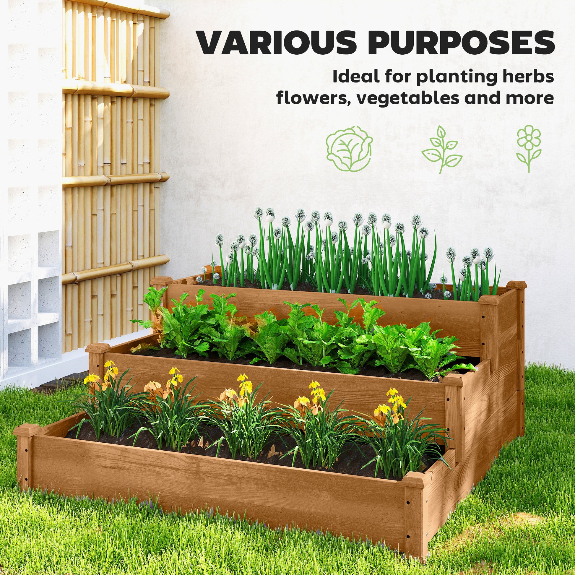3-Tier Garden Bed Planter Box for Backyard, Patio, 49"x49"x22", Brown