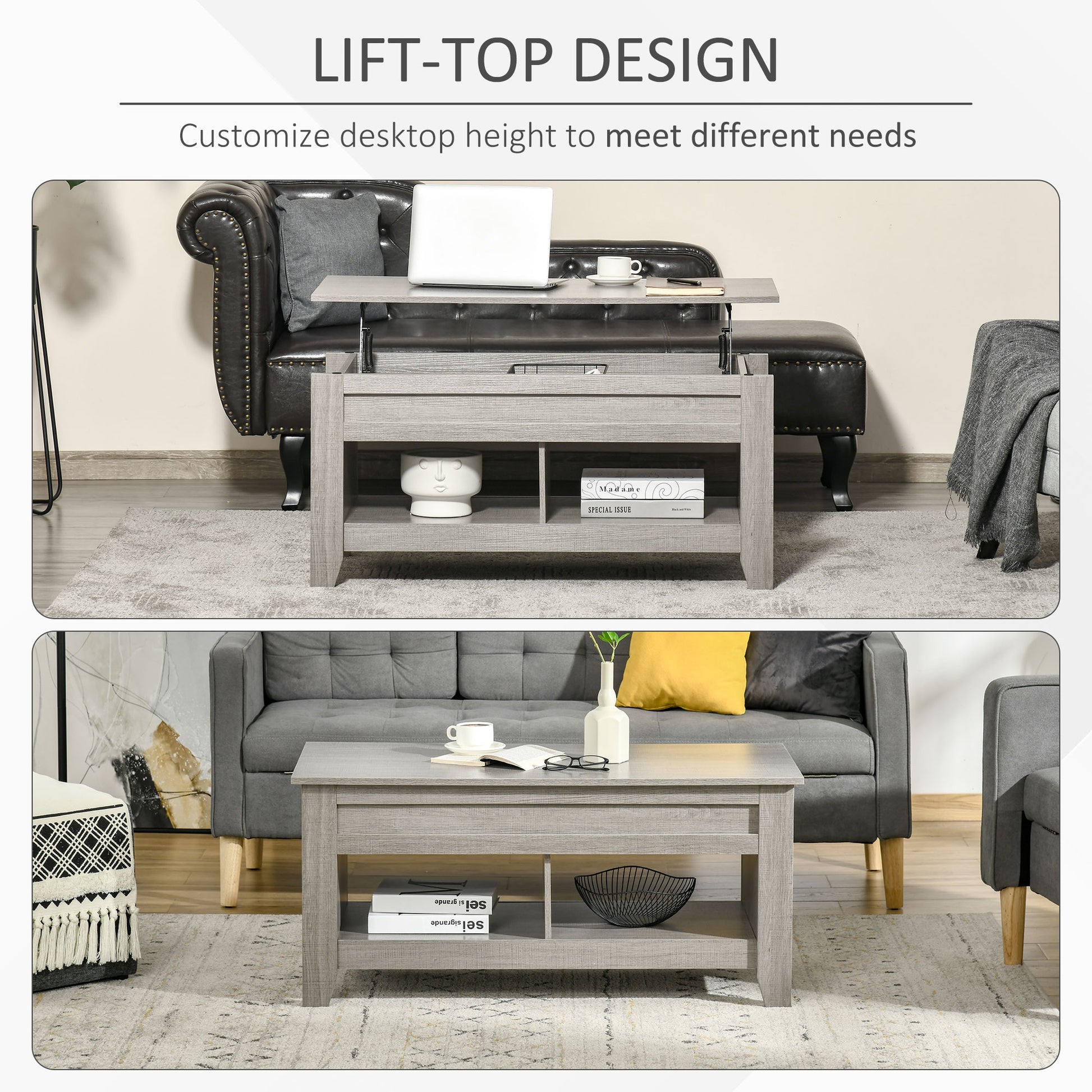 Lift Top Coffee Table with Hidden Storage Compartment and Open Shelves, Lift Tabletop Pop-Up Center Table for Living Roo