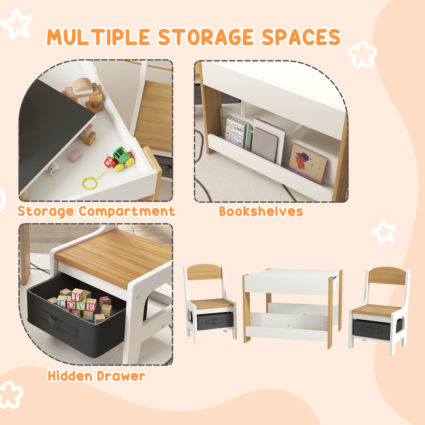 Qaba 3 Piece Kids Table and Chair Set with Reversible Tabletop, Blackboard, Storage, Bookshelf, for Playroom, Nursery Na