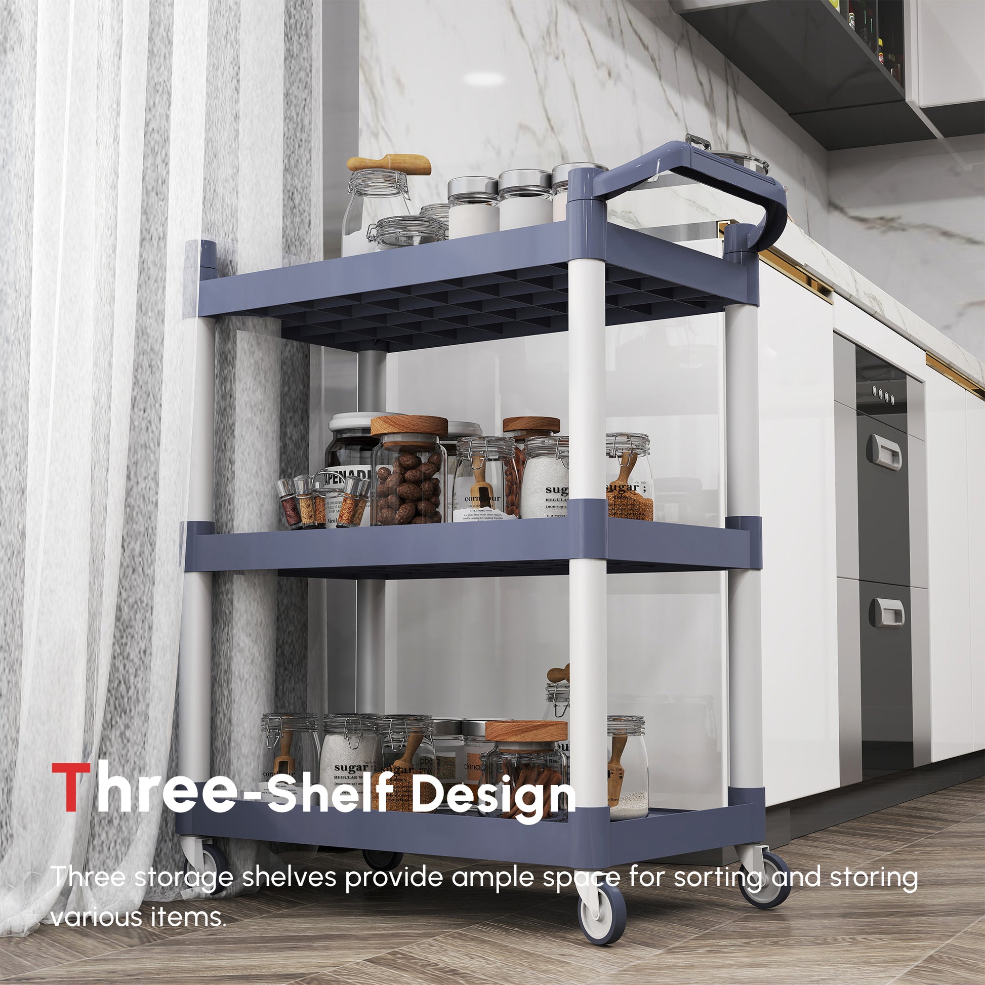 3-Tier Utility Cart Large Rolling Storage Trolley with 3 Shelves Metal Clean Service Cart, Restaurant, Hotel, Livingroom