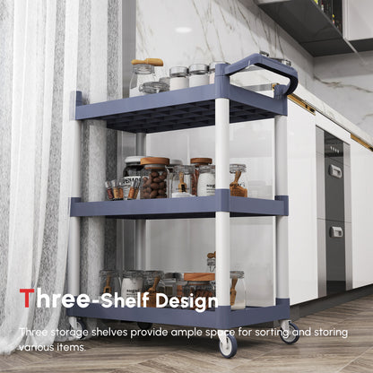 3-Tier Utility Cart Large Rolling Storage Trolley with 3 Shelves Metal Clean Service Cart, Restaurant, Hotel, Livingroom