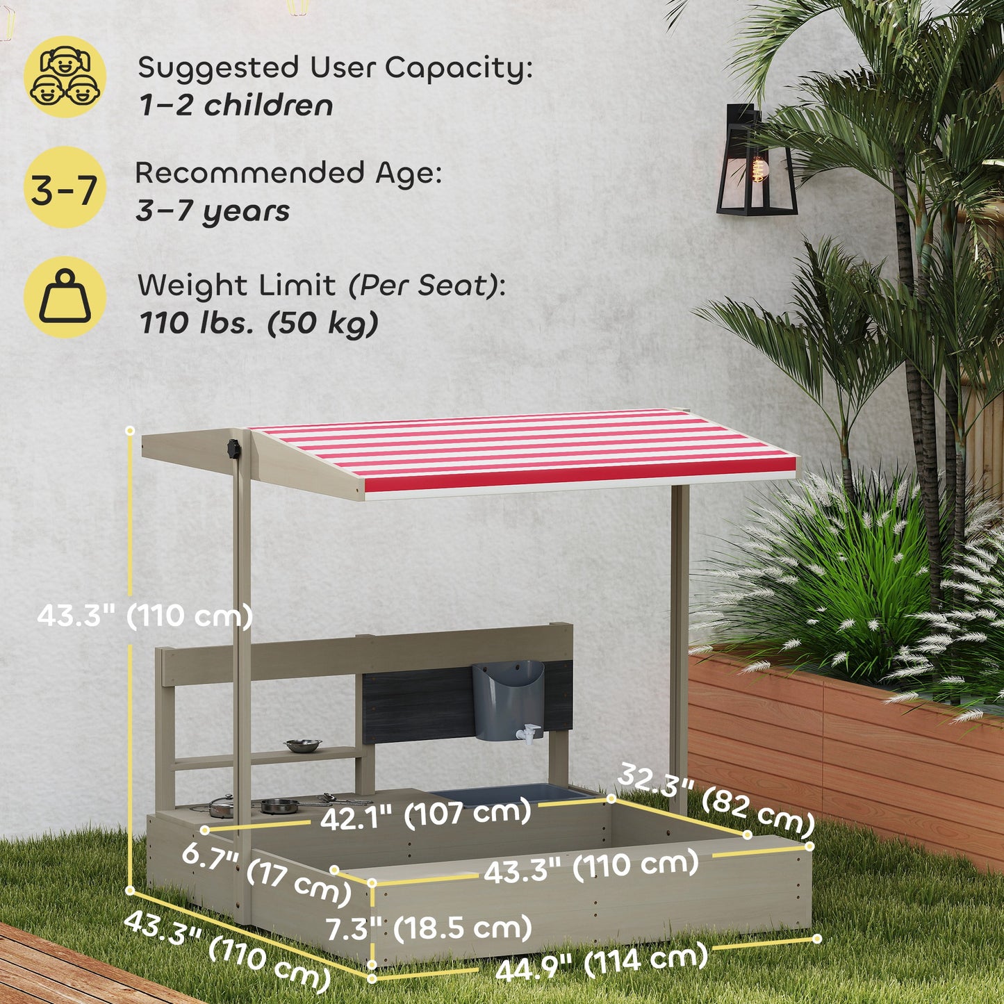 Kids Sandbox with Cover Kitchen Playset Toys, Wooden Sand Box with Seat, Storage, for 3-7 Years Old, Grey
