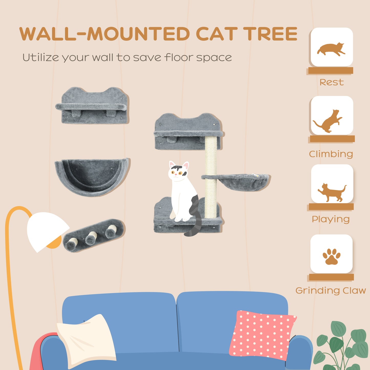 Cat Wall Shelves, 3PCs Cat Shelves with Hammock, Scratching Post, 3 Steps, Jumping Platforms, Wall Mounted Cat Climber, 