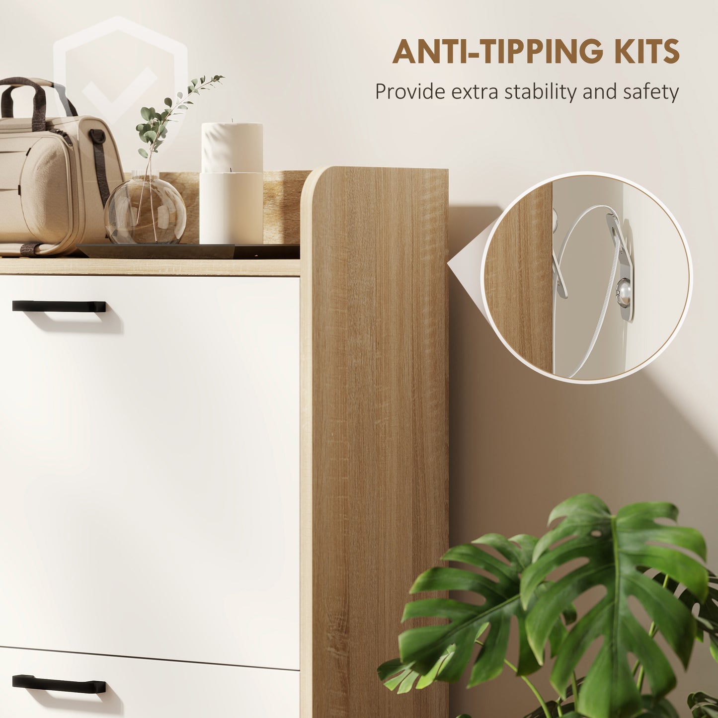 Shoe Cabinet with 2 Flip Drawers, 3 Side Compartments, Adjustable Shelves, 8-12 Pairs for Entryway Hallway, Natural