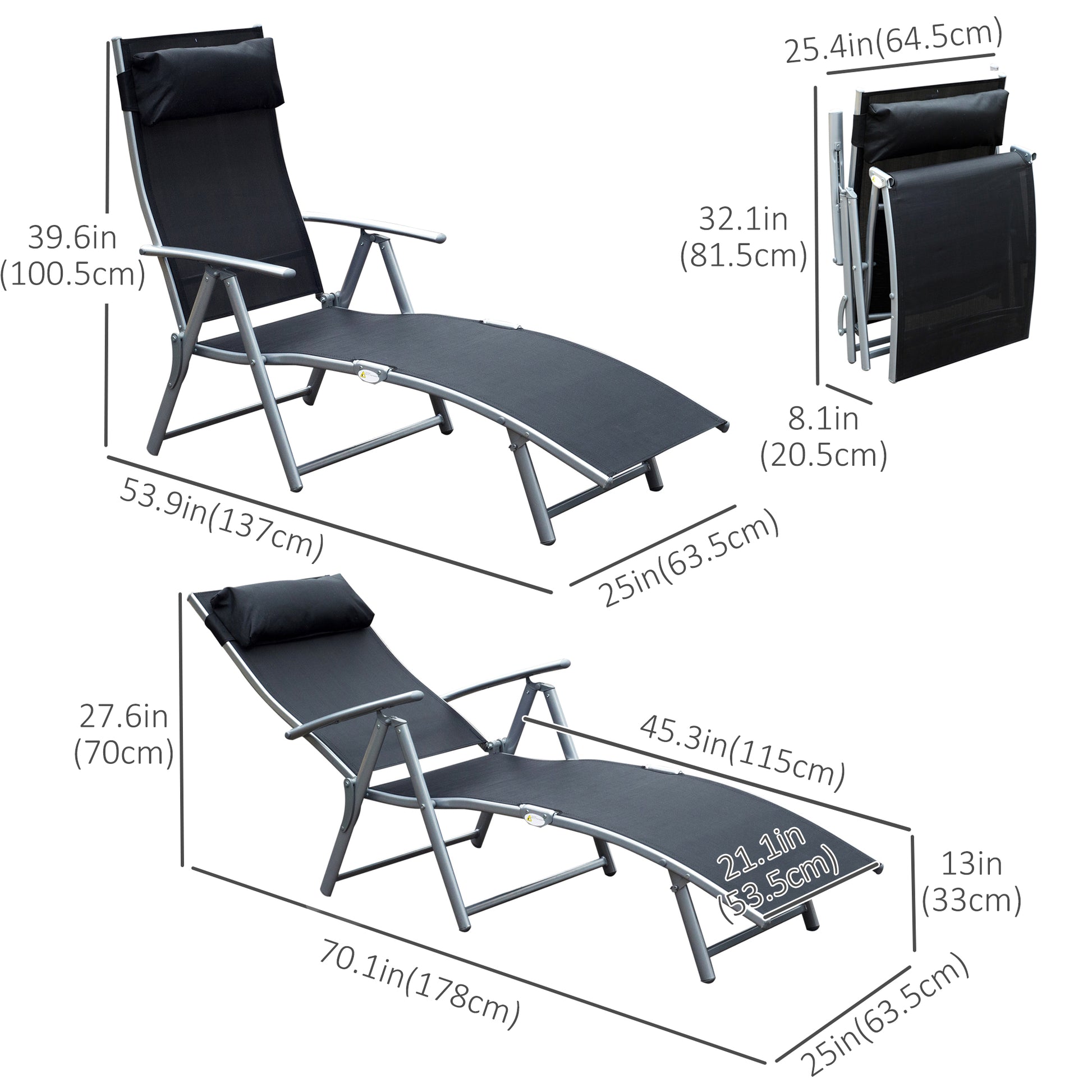 Heavy-duty Adjustable Folding Reclining Chair Outdoor Sun Lounger Patio Chaise Lounge Garden Beach Gravity Lounge with P