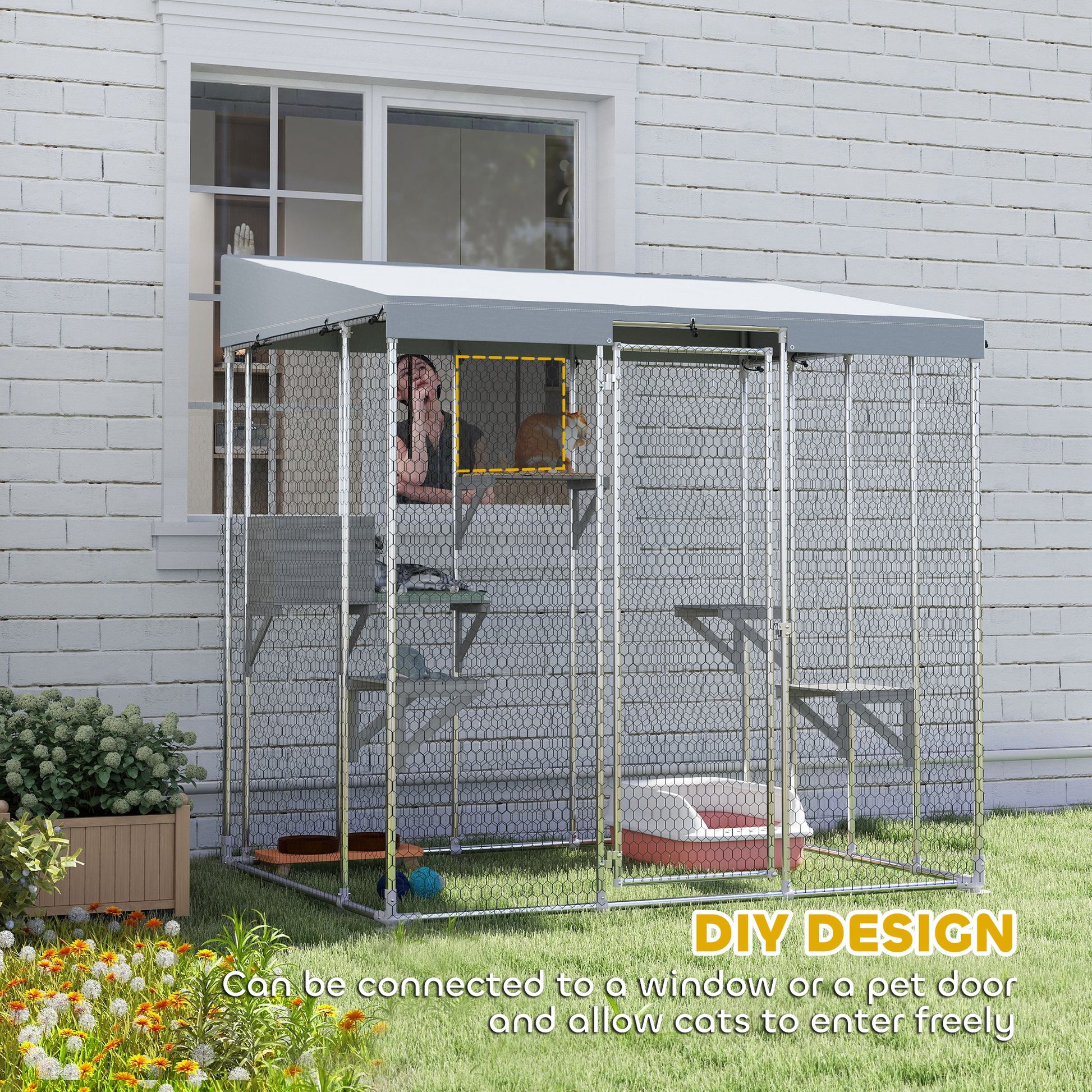 79" L Galvanized Steel Catio Outdoor Cat Enclosure w/ 420D Waterproof Canopy, Multiple Platforms, Resting Condo, Silver