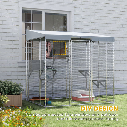 79" L Galvanized Steel Catio Outdoor Cat Enclosure w/ 420D Waterproof Canopy, Multiple Platforms, Resting Condo, Silver