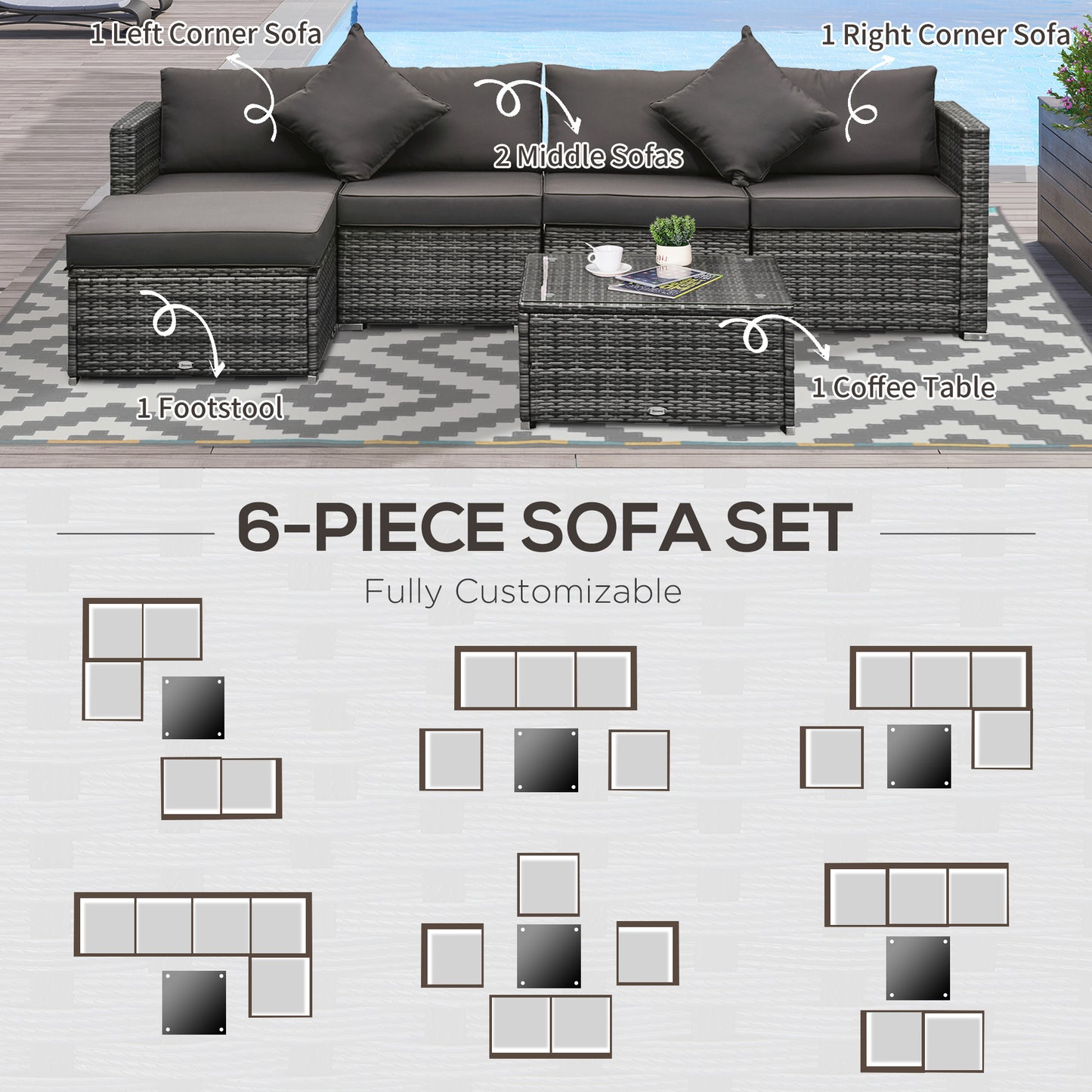 6 Pieces Outdoor PE Rattan Wicker Patio Furniture Sofa Set with Thick Cushions, Deluxe Garden Sectional Couch with Glass