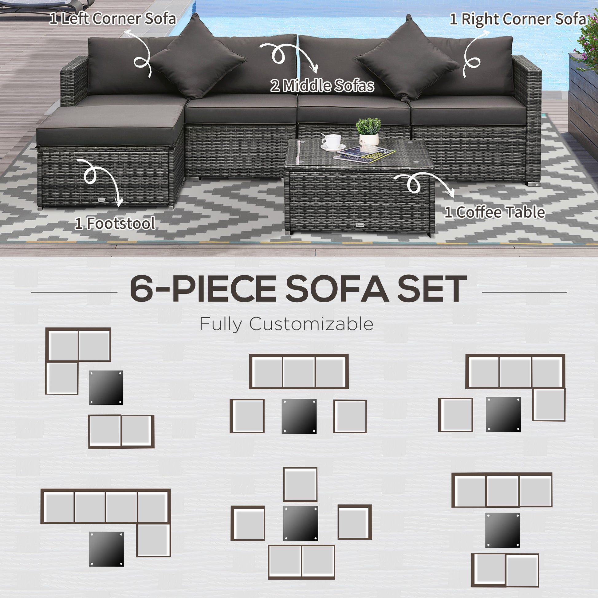 6 Pieces Outdoor PE Rattan Wicker Patio Furniture Sofa Set with Thick Cushions, Deluxe Garden Sectional Couch with Glass