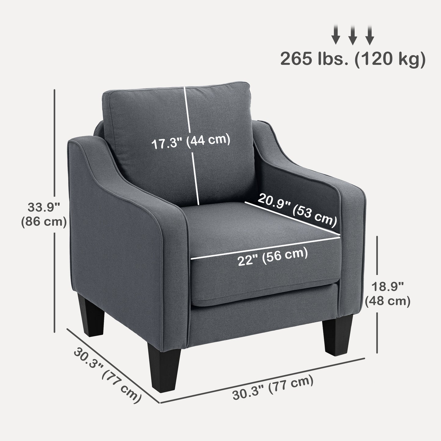 Armchair, Modern Accent Chair with Pocket Spring, Linen Upholstered, Thick Padded, Charcoal Grey