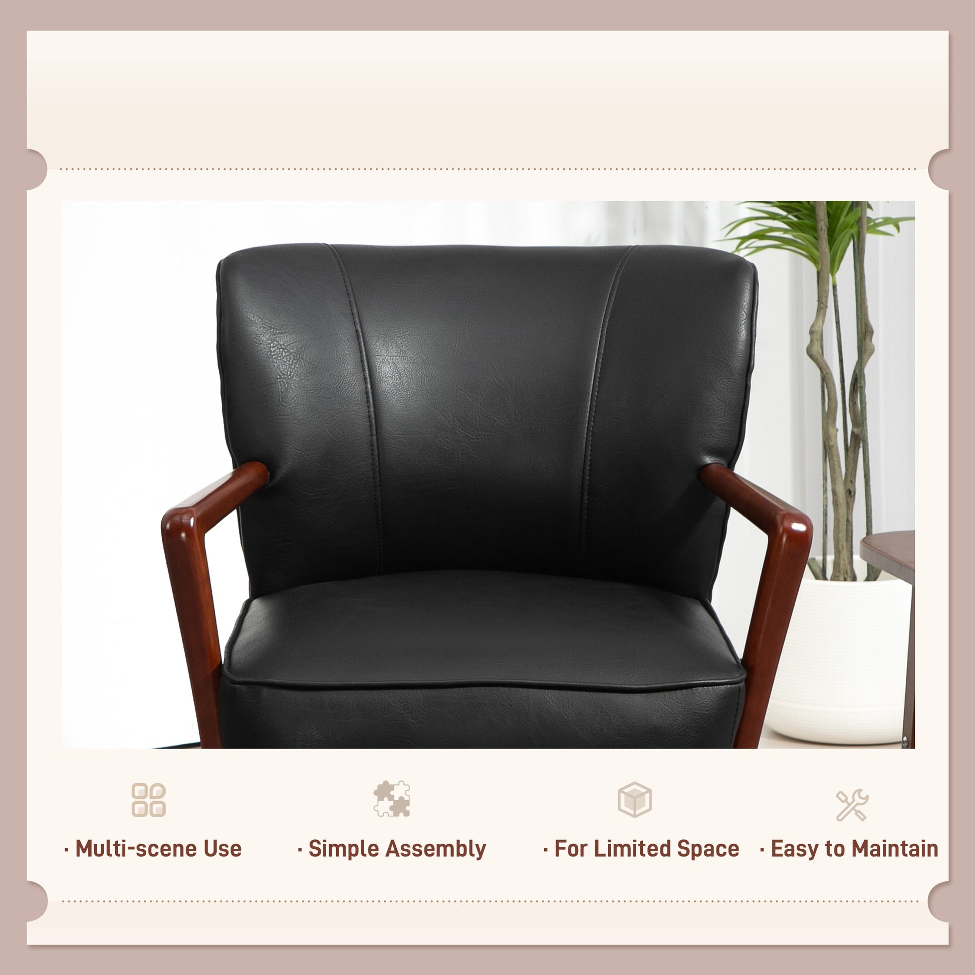 Accent Chair, Modern Armchair, Faux Leather Upholstered Living Room Chair with Wood Legs and Wide Padded Seat, Black