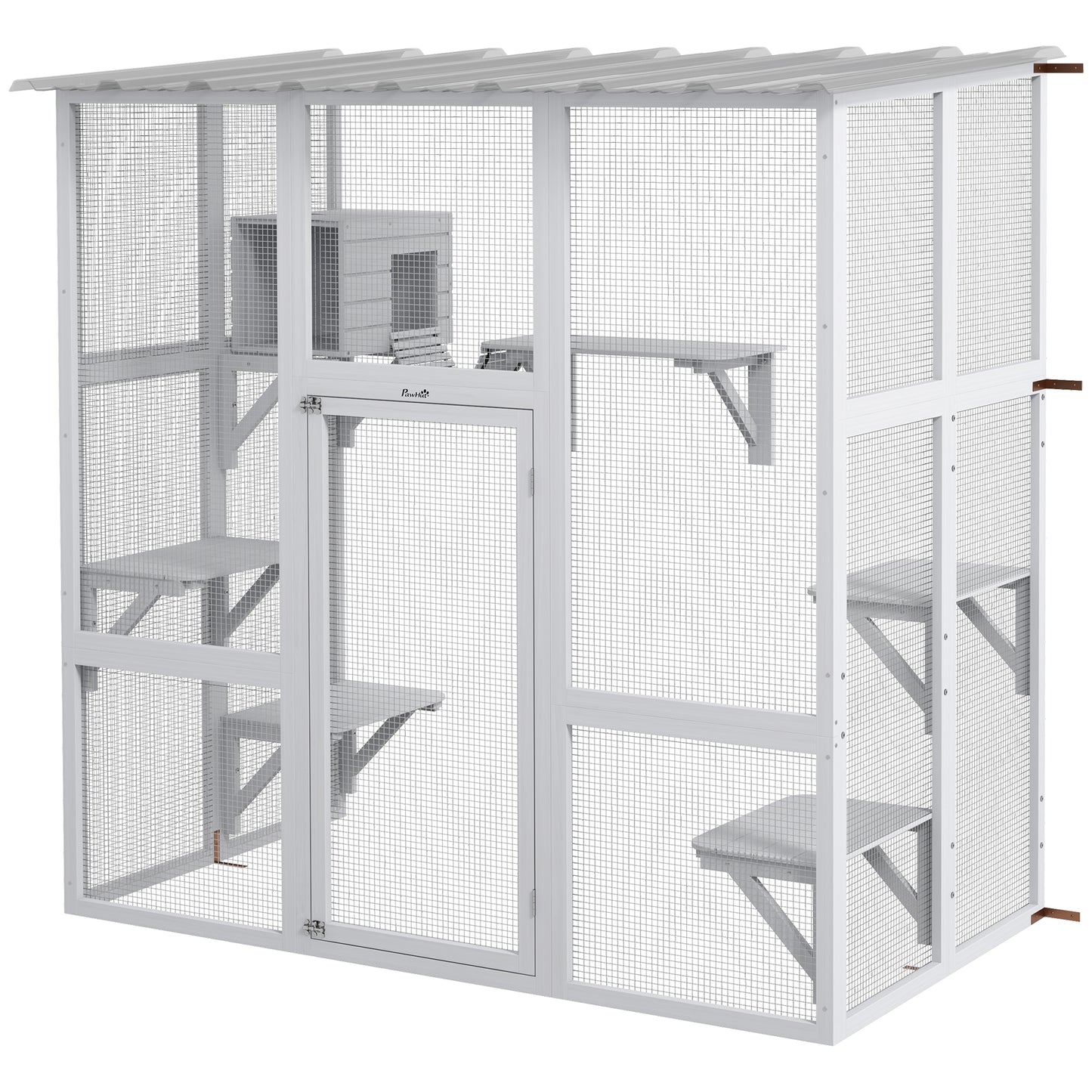 Large Outdoor Catio with Weatherproof Roof, Bridge, Resting Box, Platforms, White