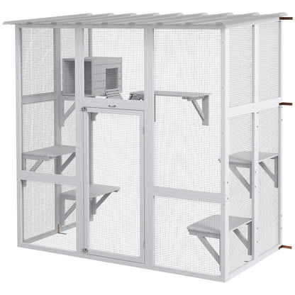Large Outdoor Catio with Weatherproof Roof, Bridge, Resting Box, Platforms, White