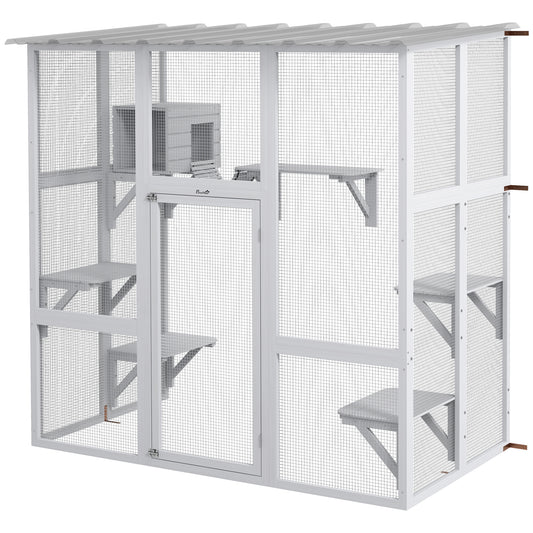 Large Outdoor Catio with Weatherproof Roof, Bridge, Resting Box, Platforms, White