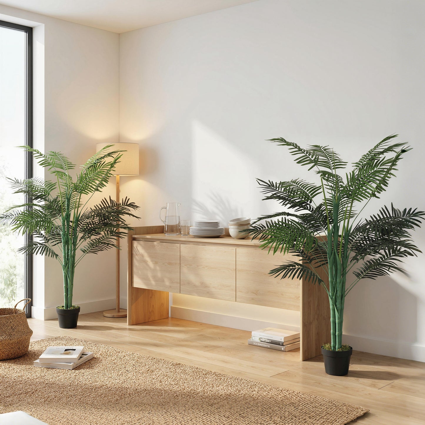 5FT Artificial Palm Tree Set of 2, Fake Tropical Tree with Lifelike Leaves, Faux Plant in Pot for Indoor Decoration, Gre