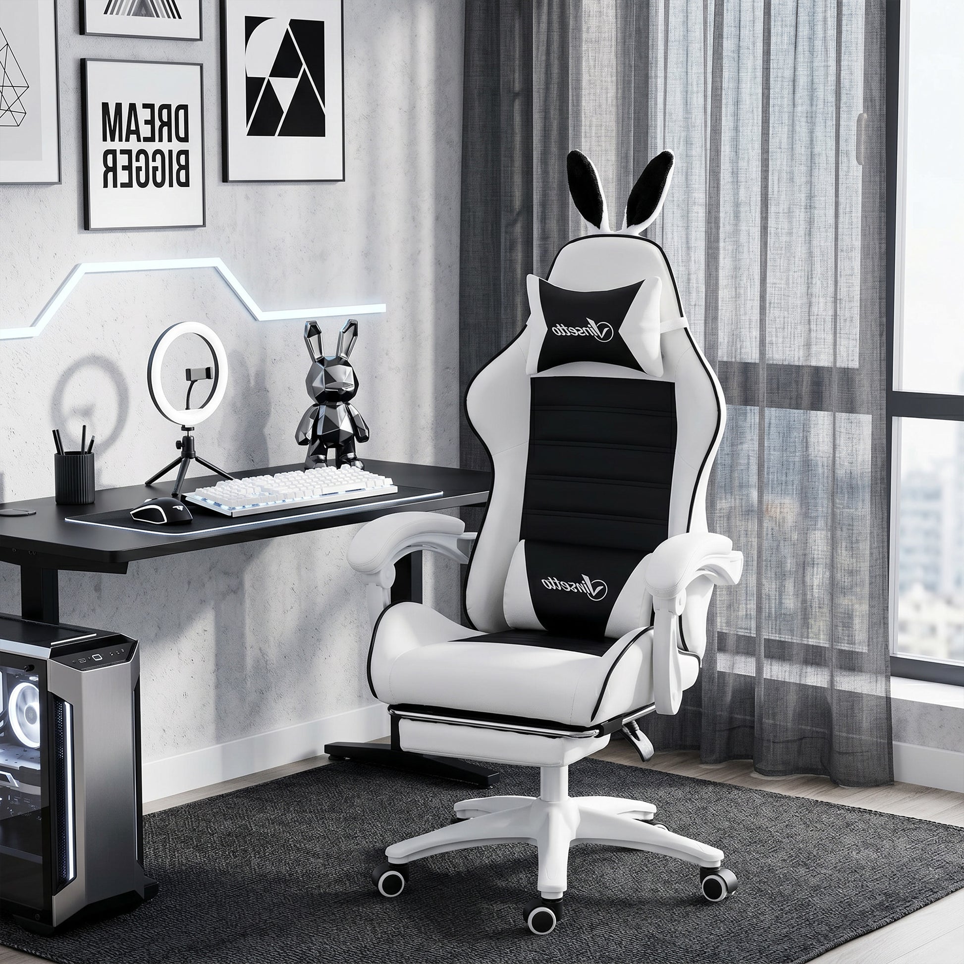 Cute Racing Gamer Chair, PU Leather Gaming Chair with Footrest, Headrest and Lumbar Support, Black
