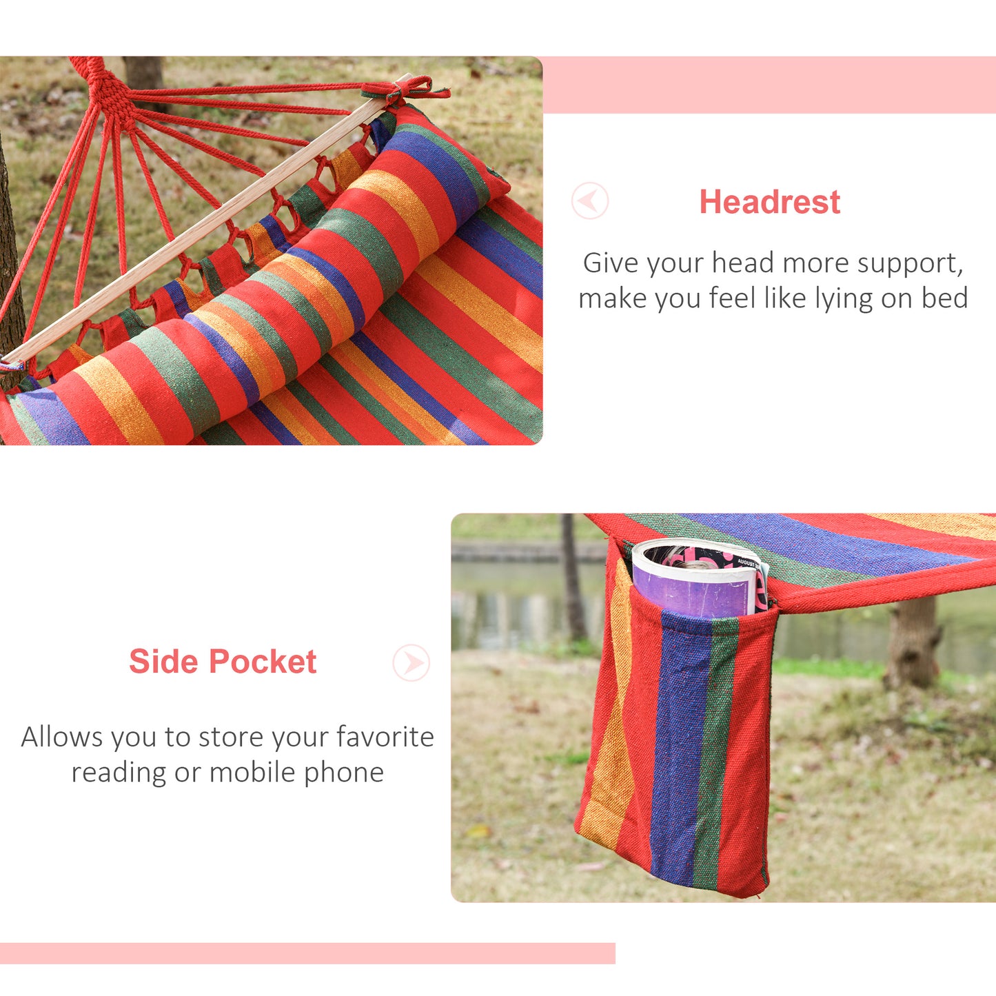 Cotton Hammock Portable Soft Swing Sleeping w/ Headrest & Side Pocket Deluxe Swing Chair for Beach, Yard, Bedroom, Patio
