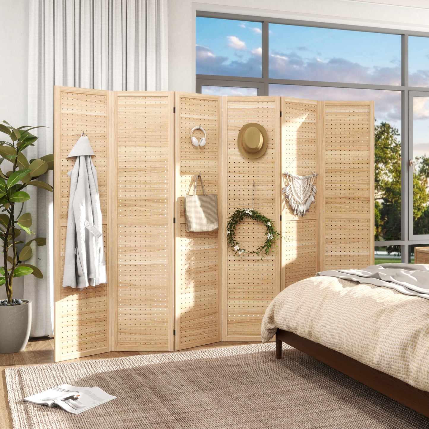 5.6 Ft. Tall 6-Panel Room Divider, Pegboard Panel Freestanding Folding Privacy Screen Panels, Partition Wall Divider for