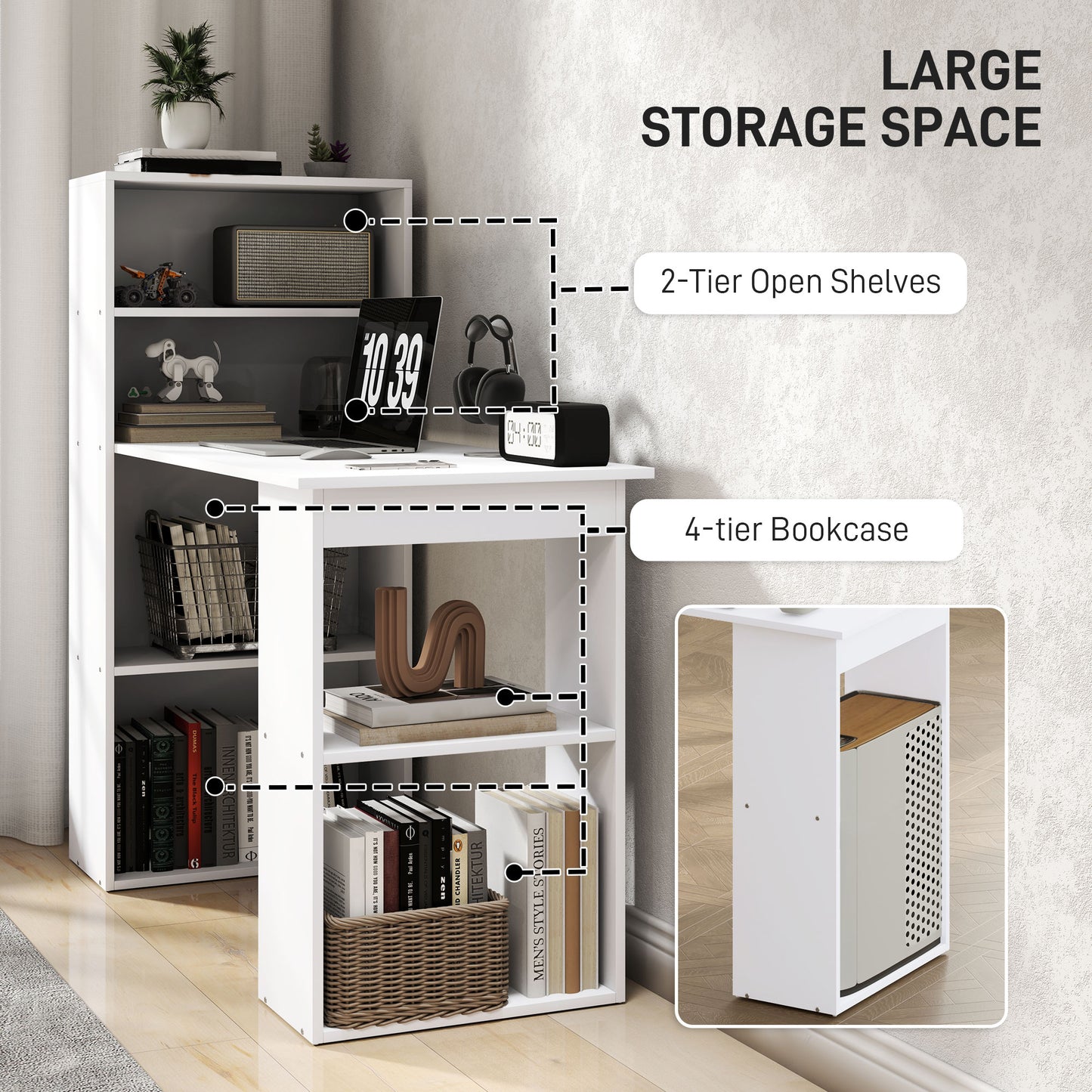 Modern Computer Desk with Storage Shelves, 47" Writing Table Workstation with Bookshelf for Home Office, White