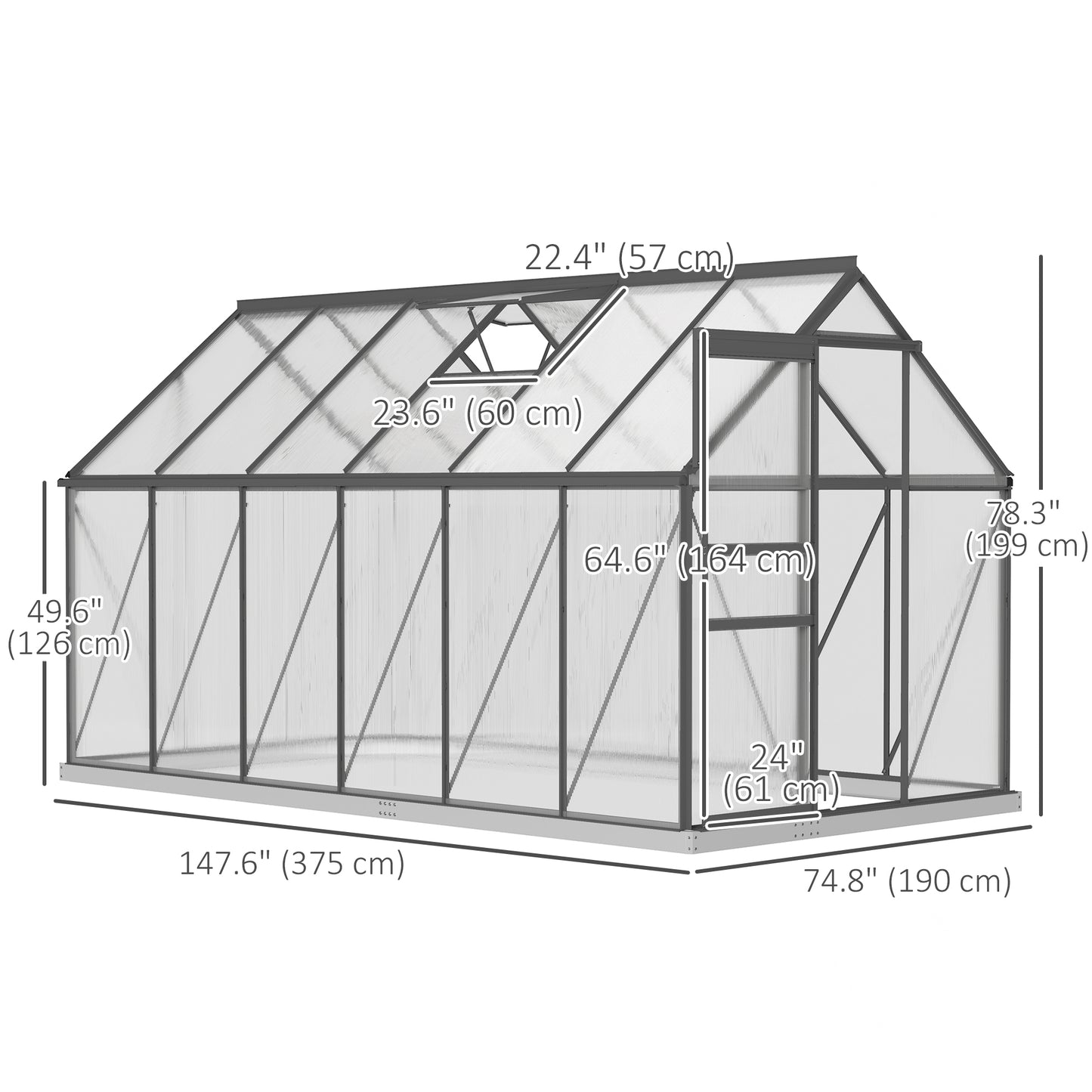 6' x 12' x 6.5' Polycarbonate Greenhouse, Walk-in Green House with Adjustable Roof Vent Galvanized Base Sliding Door Rai