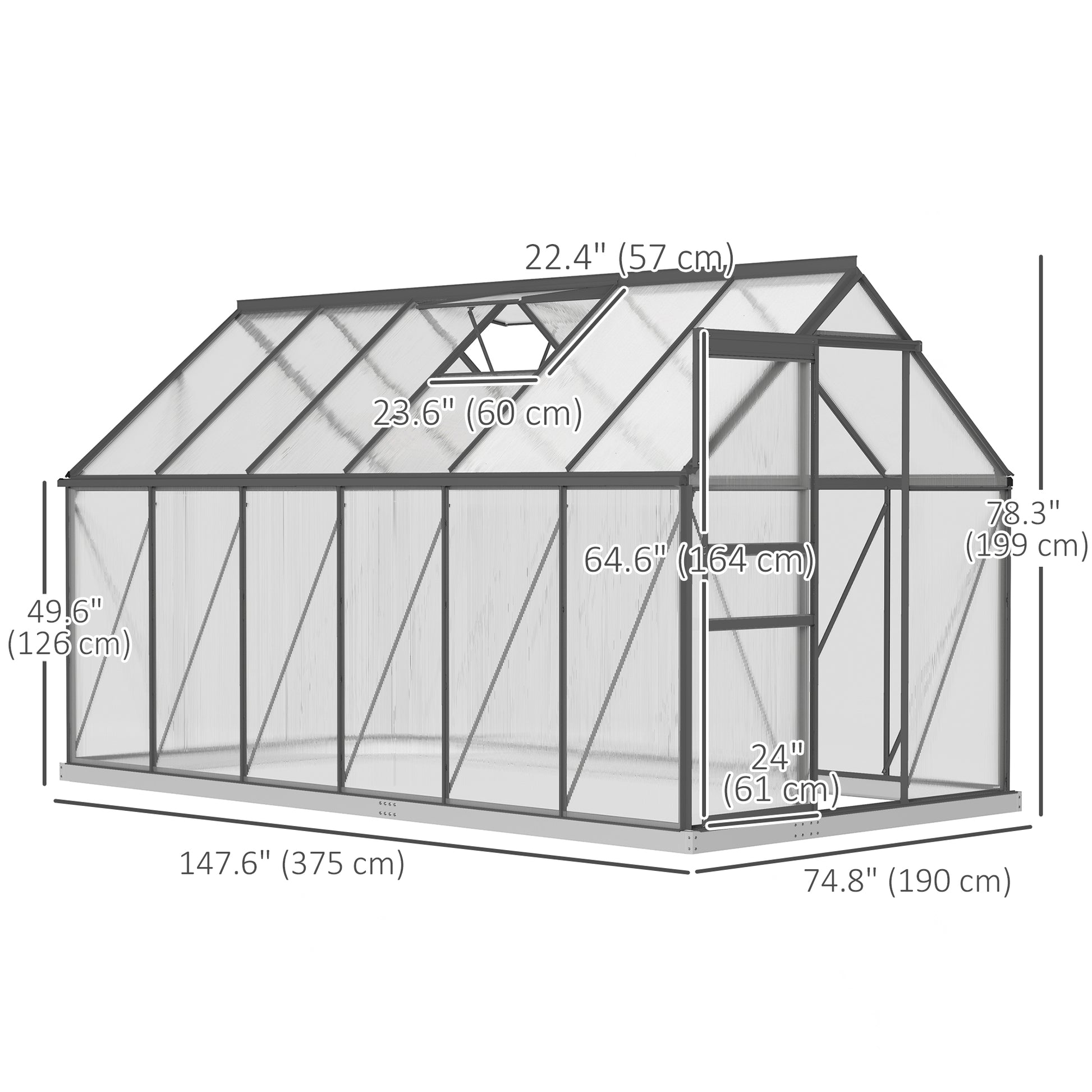 6' x 12' x 6.5' Polycarbonate Greenhouse, Walk-in Green House with Adjustable Roof Vent Galvanized Base Sliding Door Rai