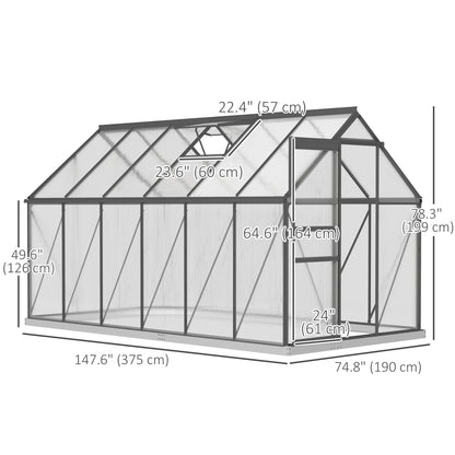 6' x 12' x 6.5' Polycarbonate Greenhouse, Walk-in Green House with Adjustable Roof Vent Galvanized Base Sliding Door Rai