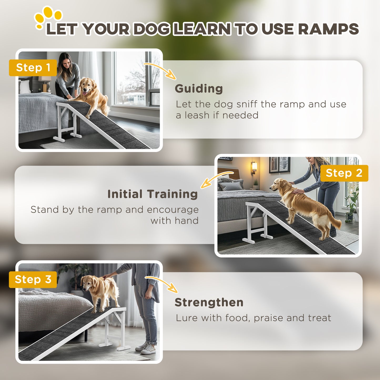 Pet Ramp, Dog Bed Steps with Non-slip Carpet, Top Platform, 74" x 16" x 25", White