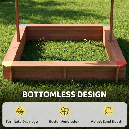 Wooden Sandbox with Cover, Kids Sandbox Outdoor with Adjustable Canopy and Seats for Backyard, Beach, Dark Brown