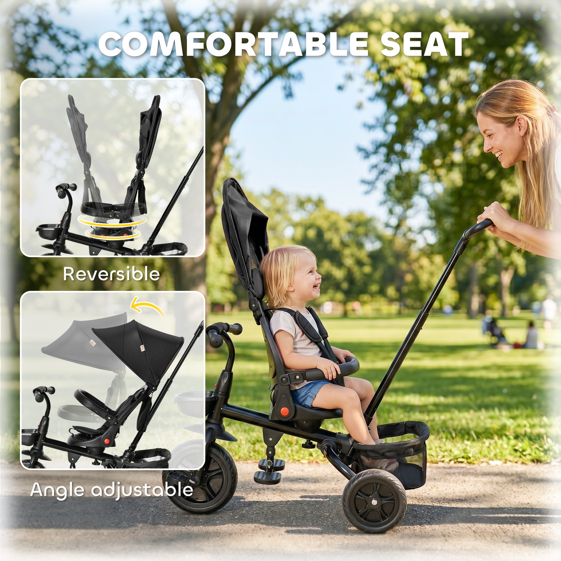 Qaba Tricycle for Toddler 5 in 1 Kids Trike, Foldable Converts Stroller to Toddler Bike, Adjustable Backrest & Curved Ca