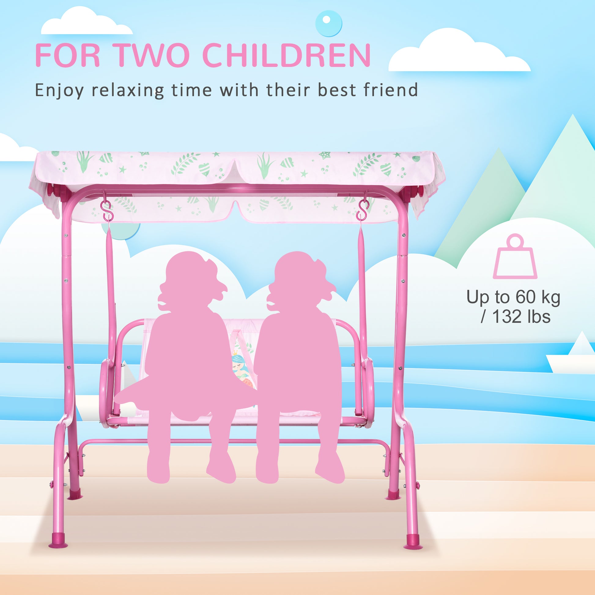 2-Seat Kids Porch Swing Chair, Children Outdoor Patio Furniture Lounge Chair for Garden, with Adjustable Canopy, Seat Be