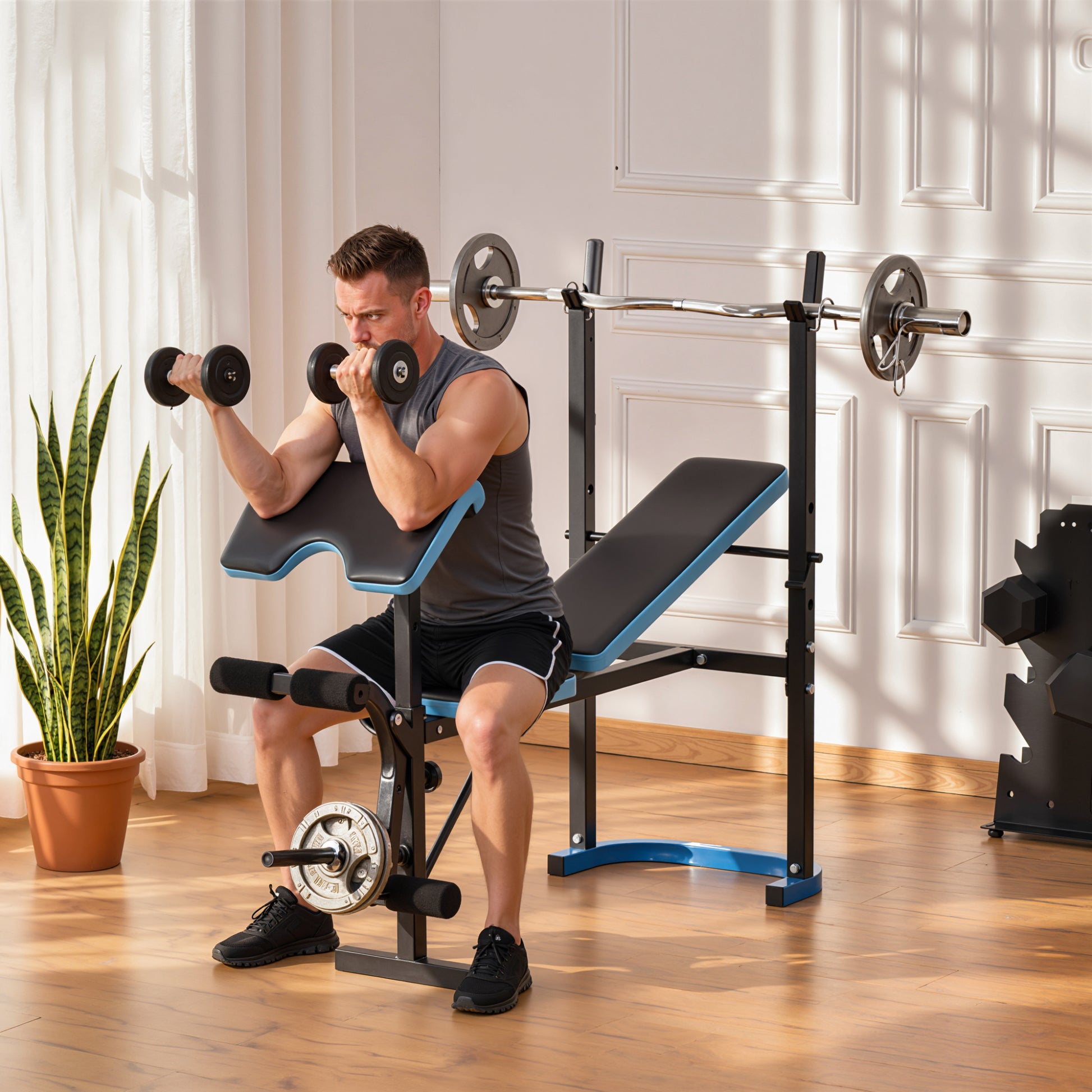 Soozier Adjustable Weight Bench with Barbell Rack and Leg Developer for Weight Lifting and Strength Training Multifuncti