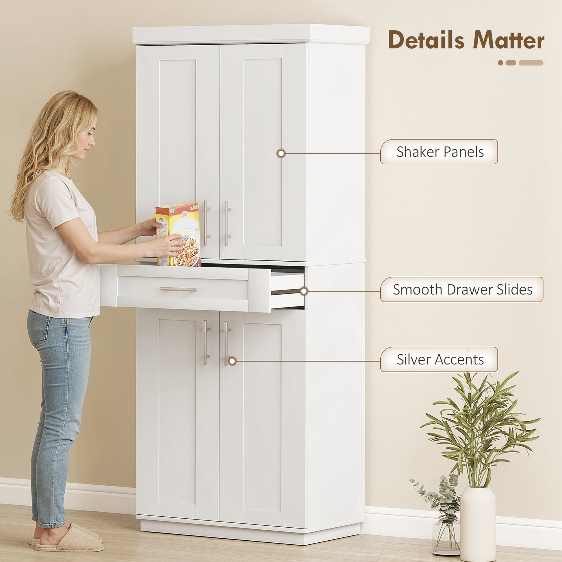 72" Storage Cabinet, Freestanding Kitchen Pantry Cabinet with 4 Doors, Drawer and 3 Adjustable Shelves, White