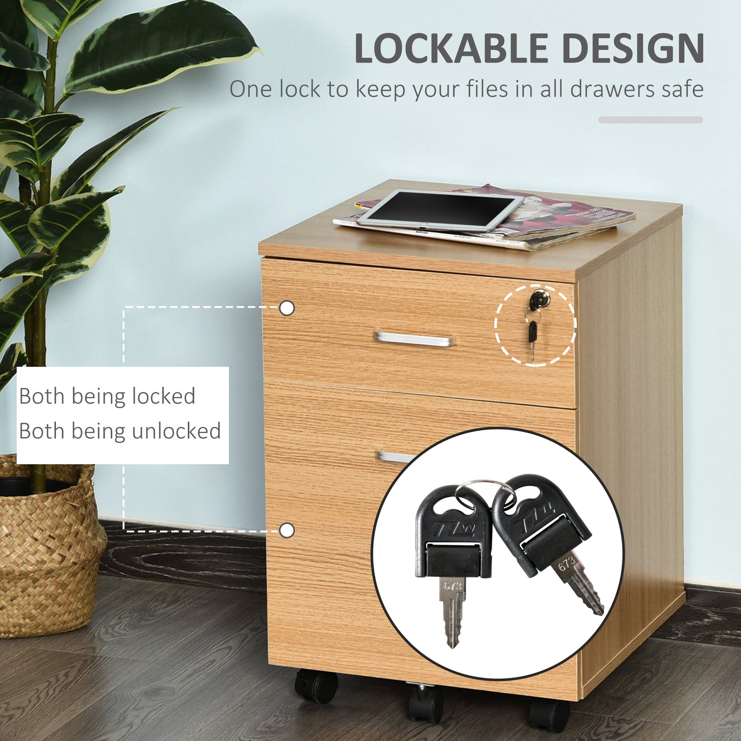 2 Drawer File Cabinet with Lock and Keys, Mobile Vertical Filing Cabinet with Wheels and Drawers, Home Office Cabinet, N
