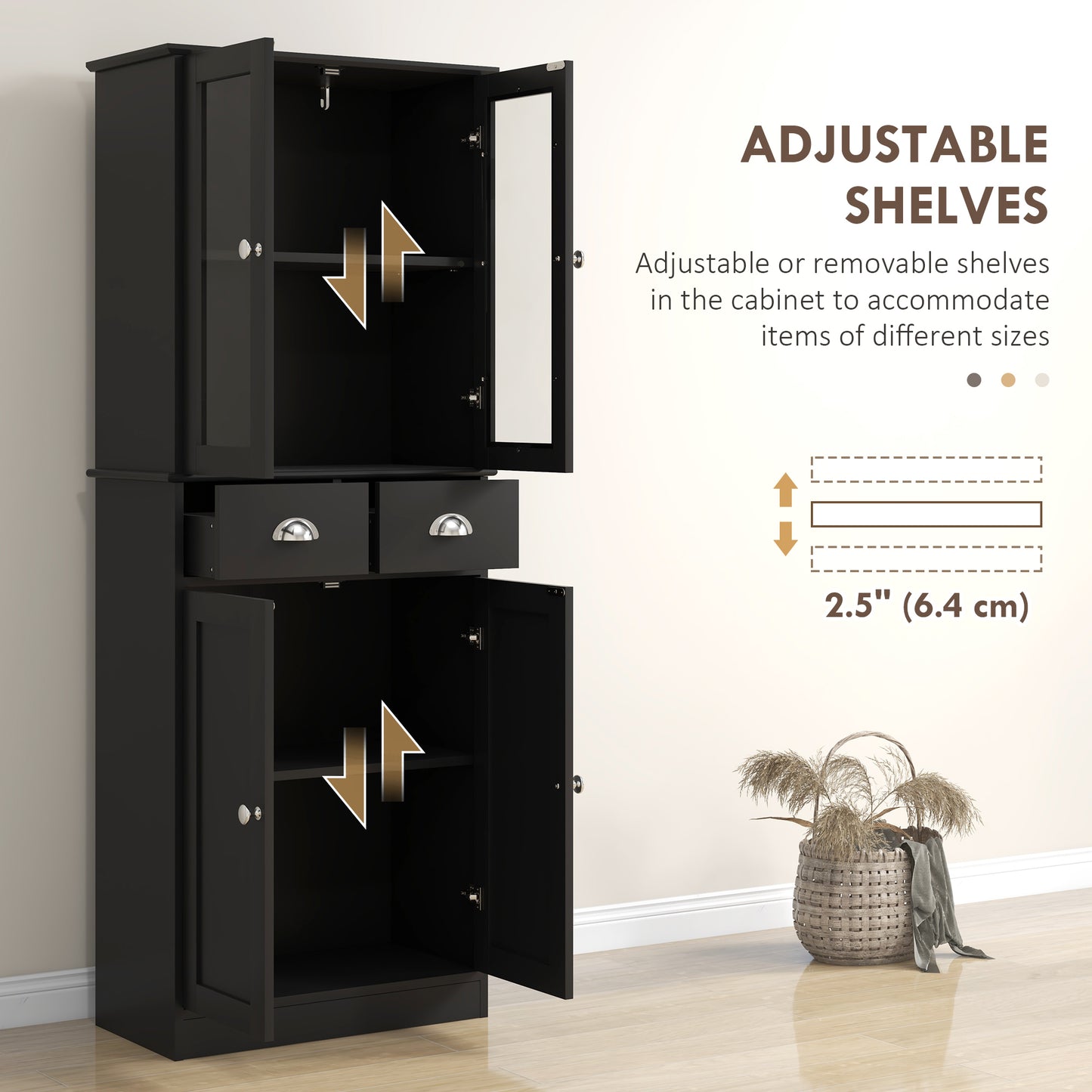 61" Kitchen Pantry Cabinet, Freestanding Farmhouse Buffet Storage Cabinet with Soft Close Glass Doors and Adjustable She