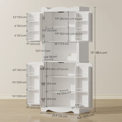 73" Kitchen Pantry Cabinet, Freestanding Kitchen Hutch with 12 Door Shelves, Adjustable Shelves, Microwave Stand, White