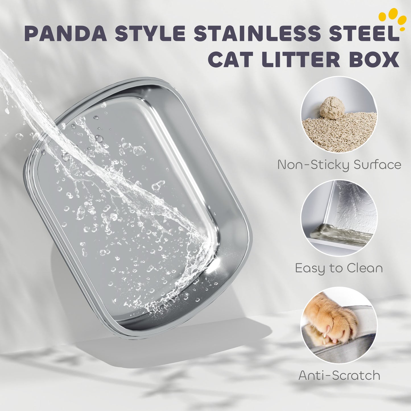 Panda Style XL Stainless Steel Cat Litter Box with Lid, Enclosed Kitty Litter Box with Scoop, 23.7" x 15.9" x 17.6"